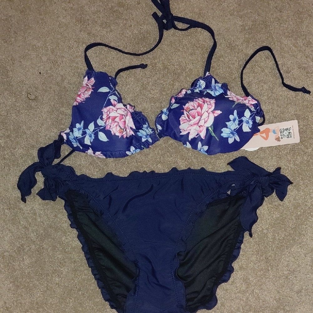 Floral Bikini Set in Navy and Pink